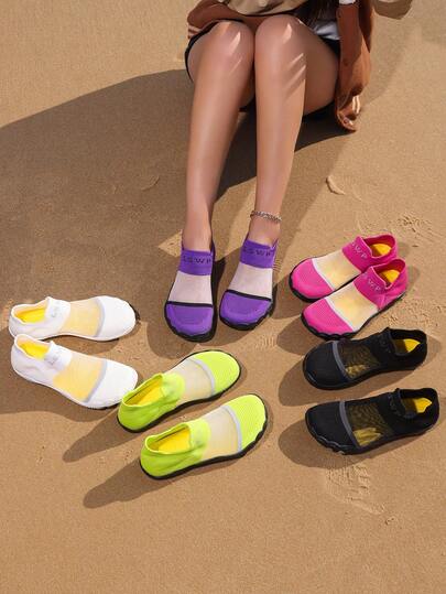 1 Pair Women's Quick-Dry Water Shoes - Breathable Lightweight Striped Design, All-Season Fabric, Suitable For Swimming, Beach, Hiking, Indoor Fitness, Volleyball, Rubber Sole, Water Sports Shoes