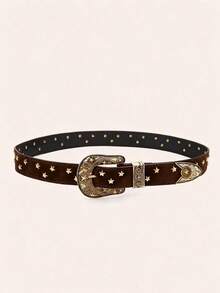 1pc Vintage Gold Star Metal Engraved Buckle Studded PU Leather Belt, Coffee Color - Brown Star Rivets - View 3
