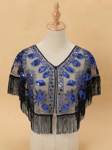 1pc Fringed Sequin Shawl Poncho Outerwear, New Mesh Lightweight Versatile Capelet To Pair With Cheongsam Dress - Multicolor - View 1