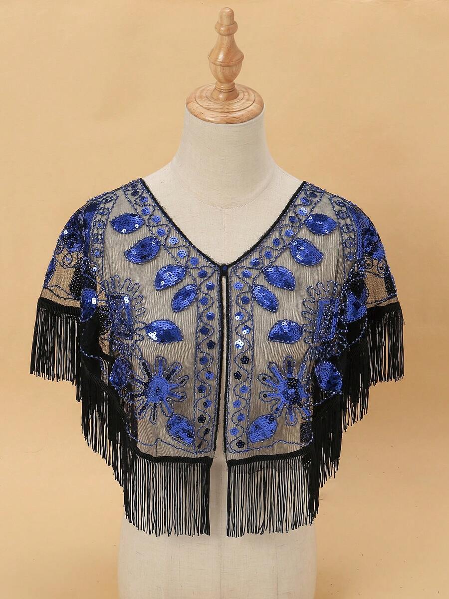 1pc Fringed Sequin Shawl Poncho Outerwear, New Mesh Lightweight Versatile Capelet To Pair With Cheongsam Dress - Multicolor - View 1