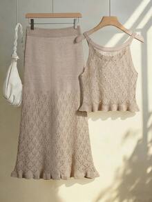 女士休闲优雅复古时尚性感纯色休闲优雅派对镂空荷叶边/荷叶边吊带镂空罩衫背心半身裙长款连衣裙沙滩度假日常约会夏季连衣裙春夏 - 卡其色 - 查看 2