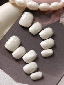 10pcs Acrylic Press On Nails White Nails Cat's Eye Silver Edge French Style Glitter Fake Nails Short Office DailyWear False Nails Artificial Nails Kit Includes 1sheet Adhesive Tabs &1 Pc Mini File - Multicolor - View 2