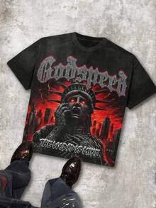 Godspeed The World Is Mine Apocalyptic Liberty Distressed Oversized Graphic Tee Men's Short Sleeve Pure Cotton T-Shirt Loose Fit, Y2K Streetwear Vintage Casual Red Eye City Aesthetic Baggy 100% Cotton Pullover Gift - 黑色 - 查看 1