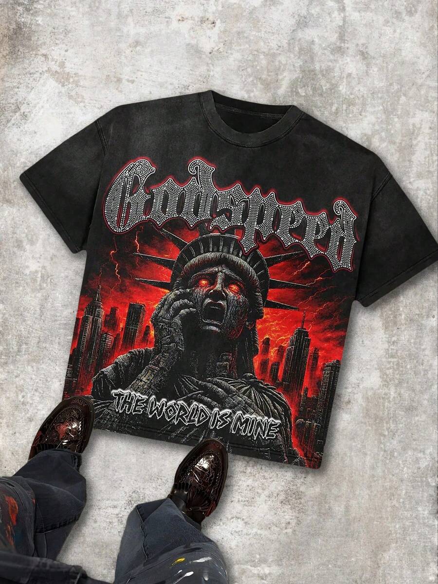 Godspeed The World Is Mine Apocalyptic Liberty Distressed Oversized Graphic Tee Men's Short Sleeve Pure Cotton T-Shirt Loose Fit, Y2K Streetwear Vintage Casual Red Eye City Aesthetic Baggy 100% Cotton Pullover Gift - 黑色 - 查看 1