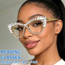 cabecade 2 Pairs Fashion Rhinestone Cat Eye Reading Glasses, Computer Glasses, Magnification From +1.0 To +4.0 - Champagne - View 5