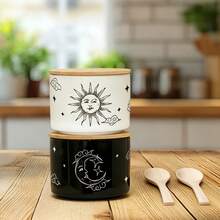 1/2pcs Kitchen Canisters Ceramic Food Storage Jar With Sun & Moon Design, Stackable Containers/Bowls With Airtight Bamboo Lid & Spoon For Serving For Storage Sea Salt, Spice, Sugar - Multicolor - View 5