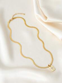 1pc Girl's Pendant Necklace, Minimalist Layered Style, Stainless Steel Flat Chain With Cubic Zirconia Rectangular Star Pendant, Versatile Daily Wear, Gift Accessory - Yellow Gold - View 4