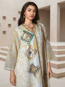 Middle Eastern Style Mesh Embroidered Beaded Floral Robe, Elegant Women Gown - Apricot - View 3