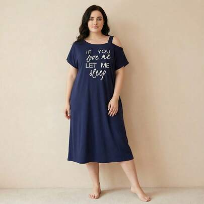 Elegant Mid-Length Nightgown With Letter Print, Comfortable Loungewear Dress For Plus Size Women, Suitable For Home, Leisure, And Vacation Wear
