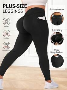 Plus Size High Waist Lift Butt Leggings With Pockets For Women Stretchy Yoga Pants Tummy Control High Elasticity Workout Leggings Suitable For Exercise, Cycling, Fitness Enthusiasts Spring - Black - View 2