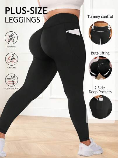 Plus Size Leggings With Pockets Soft High Waist High Elasticity For Women Yoga Running Pants