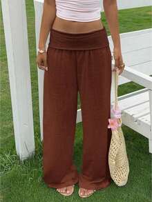 Women Cotton Linen Summer Palazzo Pants Wide Leg Lounge Pants Loose Straight Leg Solid Color Fold Over Low Rise Pants Casual Boho Beach Vacation Trous - 咖啡色 - 查看 1