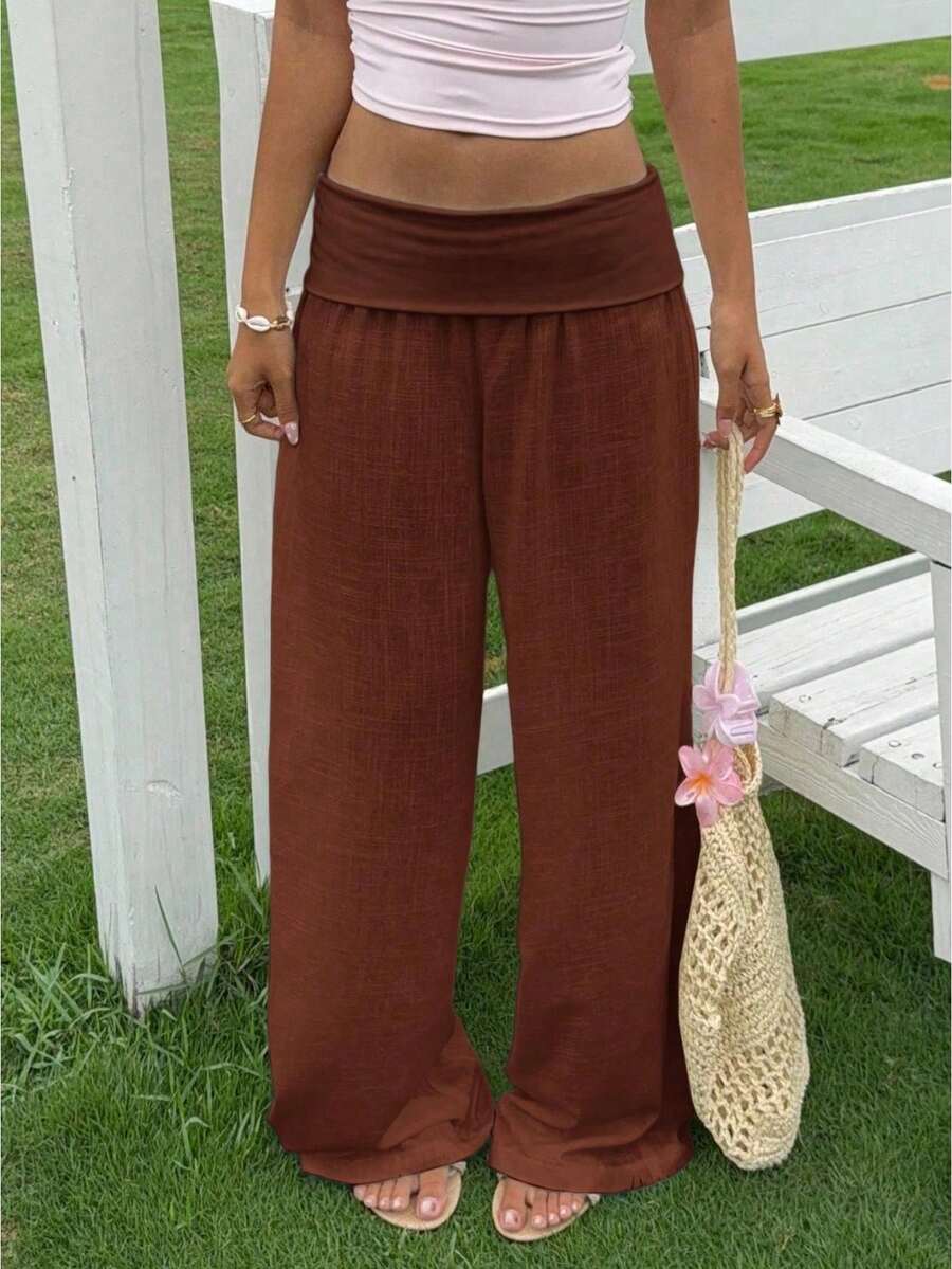 Women Cotton Linen Summer Palazzo Pants Wide Leg Lounge Pants Loose Straight Leg Solid Color Fold Over Low Rise Pants Casual Boho Beach Vacation Trous - 咖啡色 - 查看 1