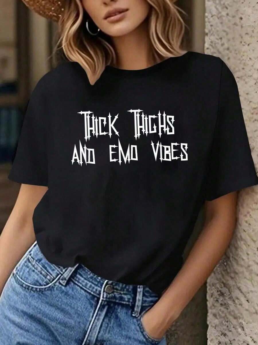 Emo Girl Gothic Aesthetic Emo  Musician Band Thick Thighs And Emo Vibes Alternative Emo Music Alt Goth T-Shirt Black - 100% Cotton T Shirts For Women, Summer Tops Clothes - 黑色 - 查看 1