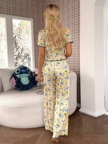 Women's Pajamas Stitch Print Lace Trim Rolled Button Short-Sleeve And Long-Pants Set - Multicolor - View 2