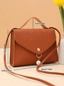 Bolso bandolera de unicolor con textura de hierba y decoración de perlas - Marrón - Ver 5