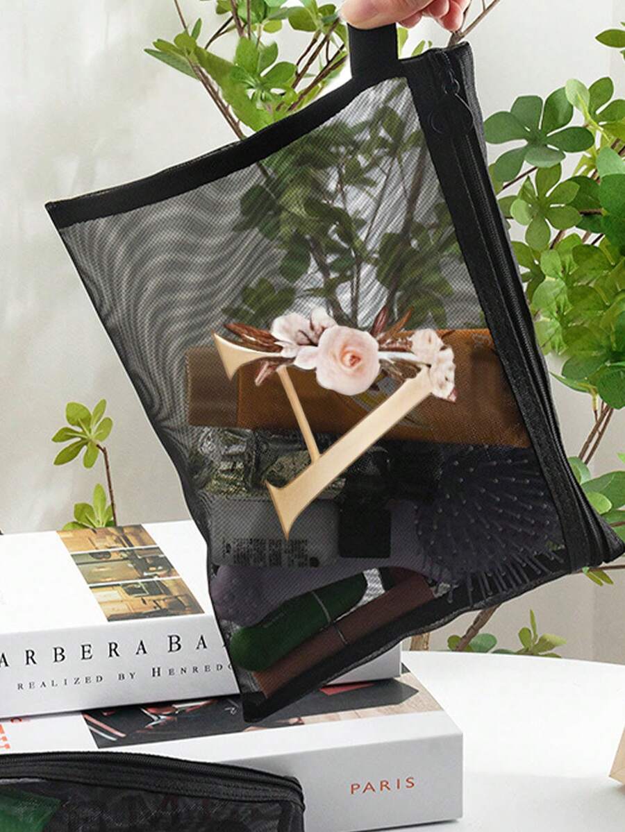 1pc Letter A-Z Flower Print Makeup Bag, Cosmetic Bag Lady Makeup Bags Wallet Name Initials Letter Pattern Toiletry Organizer Pouch Wedding Party Wash Bag Zipper Phone Purse Pencil Pouch - Multicolor - View 1