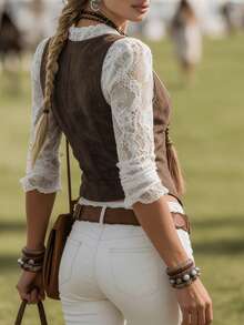 这款优雅的女士V领长袖衬衫饰有蕾丝边和仿牛仔领，散发着波西米亚西部牛仔风情。弹力蕾丝面料百搭，适合休闲穿着，四季皆宜。这款女士西部复古蕾丝边衬衫采用仿麂皮和蕾丝面料制成。春季必备。 - 咖啡棕 - 查看 9