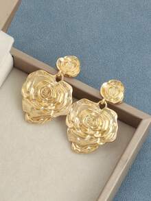 1 Pair Delicate Minimalist Vintage Heart Rose Flower Elegant French Style Earrings - Gold - View 2