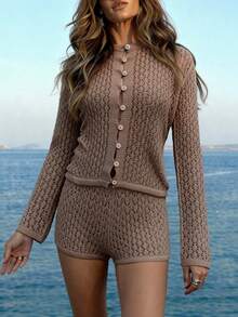Hollow-Out Knitted Multi-Button Design Cover-Up Top And Shorts Beach Party Set - Brown - View 3
