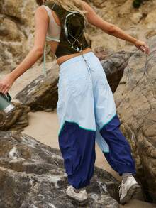 Women's Baggy Wide Leg Pants Color Block Jogger Cuffs Elastic Waist Pockets Gym Daily - Màu xanh lam - Xem 2