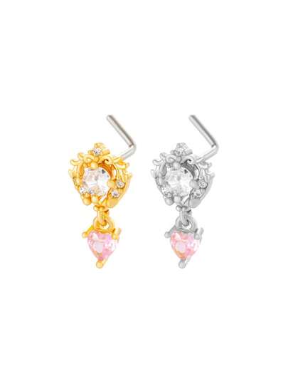 Toppiercing 1pc Micro-Inlaid Zirconia Heart Shaped L-Shaped Nose Stud, Fashion Nose Piercing Jewelry