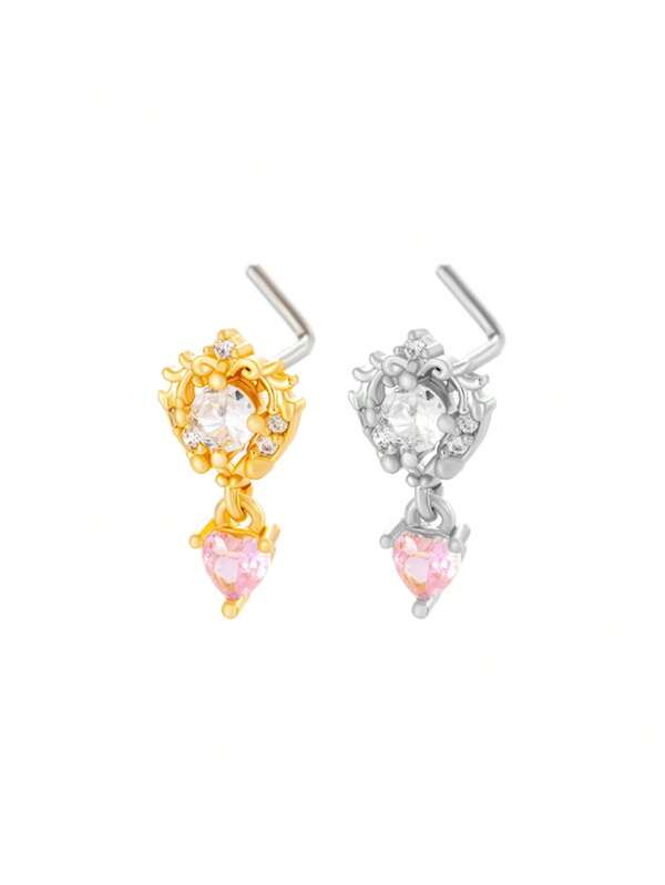 Toppiercing 1pc Micro-Inlaid Zirconia Heart Shaped L-Shaped Nose Stud, Fashion Nose Piercing Jewelry