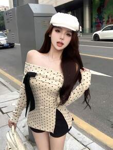 Women's Early Spring Casual Bow Off-Shoulder Polka Dot Apricot Sweet Gentle Elegant Fitted Long Sleeve Top, Suitable For Chinese New Year Outfit - Apricot - View 5