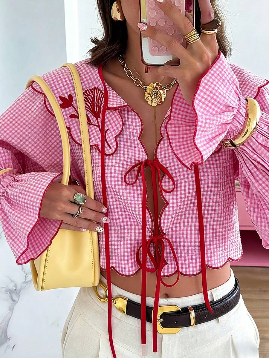 Blusa con cuello de corbata, volantes y mangas acampanadas, elegante y dulce para la escuela, fiestas, bodas, playa, vacaciones, color rosa - Rosa - Ver 1