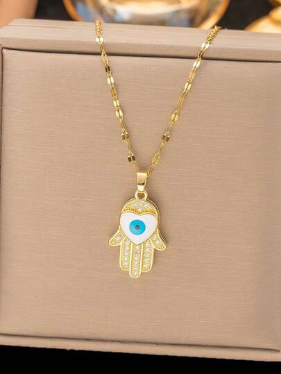 1件金色法蒂玛手形吊坠项链，异域风情祝福款，优雅女士饰品，适合日常、工作、派对佩戴（OPP袋包装）