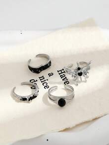 4pcs Vintage Black Y2K Enamel Rhinestone Butterfly & Star Rings Set, Open Finger Rings For Women, Sweet & Cool Style - Silver - View 5