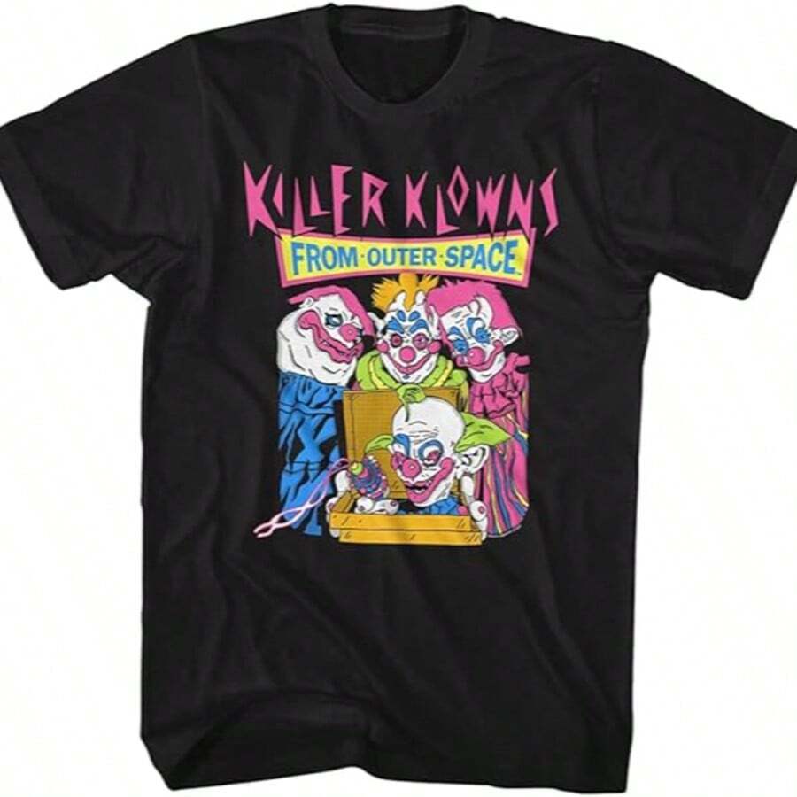 Veenajo Men's "Killer Klowns From Outer Space" Neon Comic Book Style T-Shirt - 100% Cotton, Vibrant Graphic Print, Casual Fit, Machine Washable - Ideal For All Seasons - 黑色2 - 查看 1