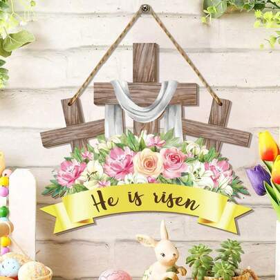 Easter Door Sign He Is Risen Hanging Decorations Easter Floral Wreaths For Front Door Religious Cross Sign Outside Christian Flowers Hanging Hanger For Spring Farmhouse Front Porch Wall Decor