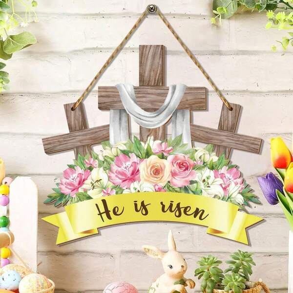 复活节门牌“他已复活”悬挂装饰，复活节花环，宗教十字架标志，户外基督教花卉悬挂挂件，春季农舍前廊墙面装饰