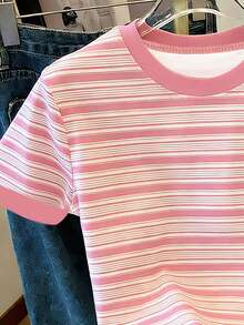 Women Summer Striped Print Contrast Trim Short Sleeve Tee Casual - Baby Pink - View 3