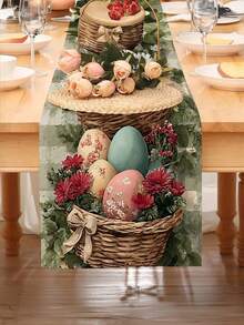 1 pieza Camino de mesa de Pascua floral de primavera con estampado de follaje y canasta de cáscara de huevo - Decoración de mesa de poliéster de primavera y verano adecuada para brunch de Pascua, fiestas de primavera, comedor de estilo granja - Azul menta - Ver 4