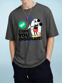 Vintage Street Style T-Shirt, Printed With Disney Mickey Mouse Letter Pattern, Made Of Premium Fabric, Men's Crew Neck Short Sleeve T-Shirt - Grey - View 3