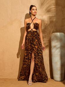 LOVE&LEMONADE 女士性感棕色豹纹镂空露背系带高开衩长款派对连衣裙 - 棕色 - 查看 1