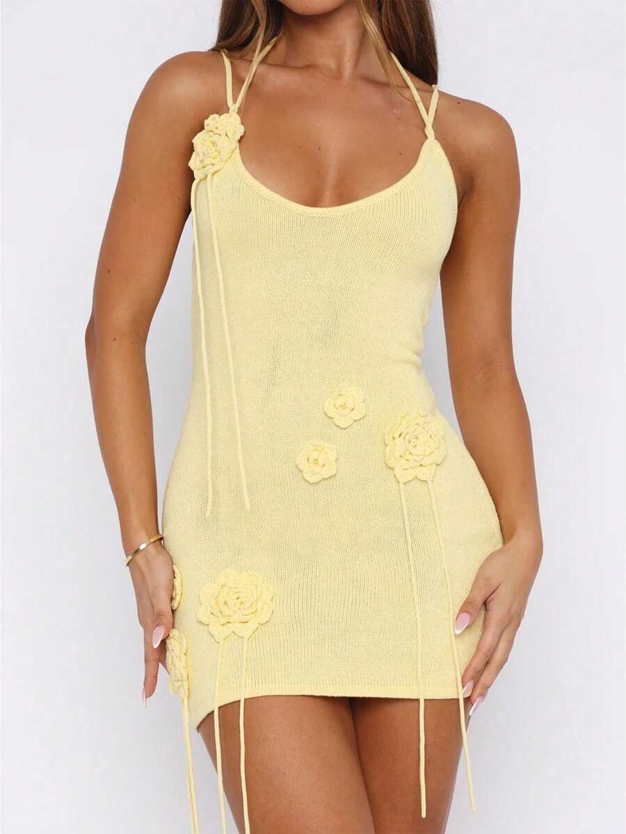 Women Sleeveless Halter Neck Knitted Bodycon Party Mini Dress 3D Flower Backless Knit Crochet Beach Dress Summer Bikini Cover Ups - 黃色 - 查看 1