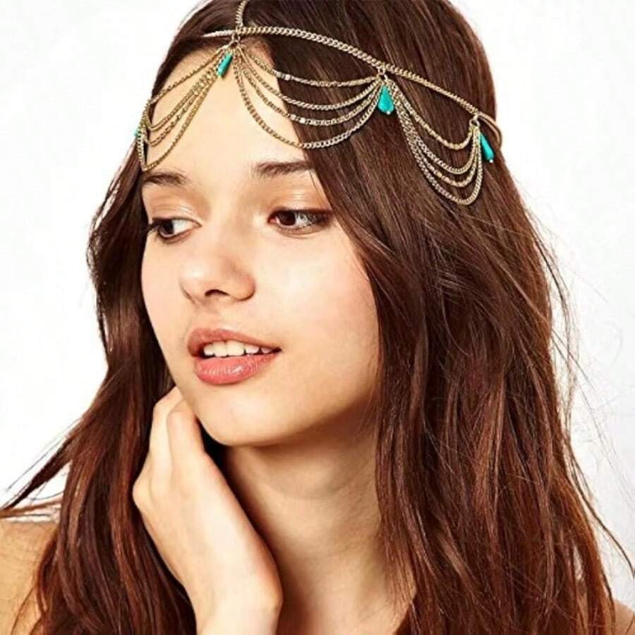 Women's Turquoise Gold Chain Headband, Boho Tiara, Party Hair Accessory - 金色 - 查看 1
