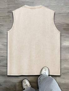Sleeveless Printed T-Shirt, Y2K Style Street Fashion Men's Washed Vest (220g Pure Cotton), Vintage Pattern Fun Print, Hip-Hop Style, Men's Summer Round Neck Short-Sleeved Casual T-Shirt, Men's Summer Streetwear. - 杏色 - 查看 2