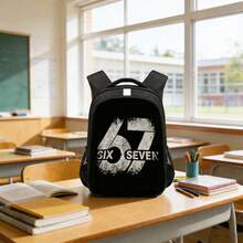 A Black Backpack With A 67 Pattern, A Cartoon Printed Pattern Large Capacity Backpack, Fashionable , A Spine-Protecting Shoulder Strap, And A Strip Design. Suitable For Students To Use, Back To School Season, Gifts. - A - View 5