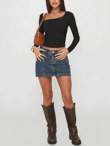 优雅不对称单肩镂空褶裥长袖上衣，适合派对和聚会，春夏新品，夏季衬衫，夏季服装 - 黑色 - 查看 5