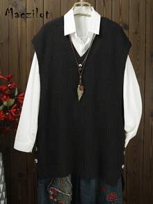 Plus Size Women Loose Fit Comfortable V-Neck Casual Knitted Vest - Black - View 1
