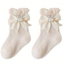 Baby Girl Socks With Bows Soft Pearl Bunny Infant Princess Dress Socks Toddler Ruffle Socks - Beige - View 5