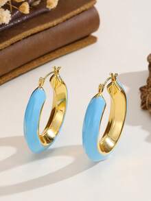 1 par de pendientes de aro en forma de C de acero inoxidable para mujeres - Pendientes de acero inoxidable con forma de C y gotas de aceite - Ver 7