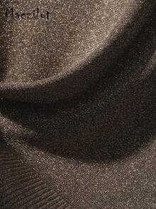 大码女式纯色V领落肩长袖休闲宽松毛衣，秋冬款 - 卡其色 - 查看 5