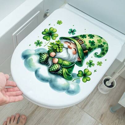 1pc Lucky Green Leprechaun Clover Cloud Stickers, Self-Adhesive Waterproof PVC Removable Toilet Seat Stickers, Suitable For St. Patrick's Day Decoration, Bathroom, Home And Living Room Decor.