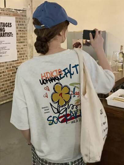 日系女式宽松休闲圆领卡通印花短袖T恤，春夏款