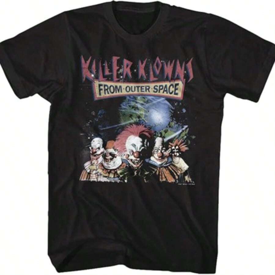 Veenajo Men's "Killer Klowns From Outer Space" Neon Comic Book Style T-Shirt - 100% Cotton, Vibrant Graphic Print, Casual Fit, Machine Washable - Ideal For All Seasons - 黑色1 - 查看 1